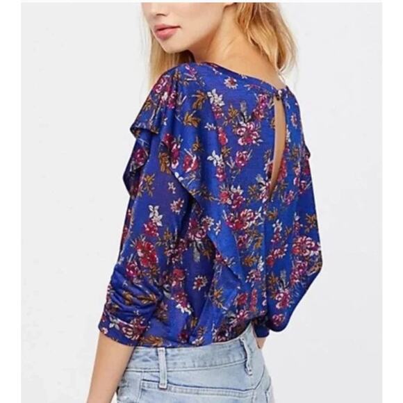 Free People Dock Street Ruffle Top Sz S Blue Combo Keyhole Back 3/4 Slv Stretchy - Picture 1 of 6